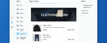 Screenshot fra vores test af Website X5 Evolution på Windows 11, hvor vi bygger en webshop med drag-and-drop editoren og tilføjer produkter til en online butik.
