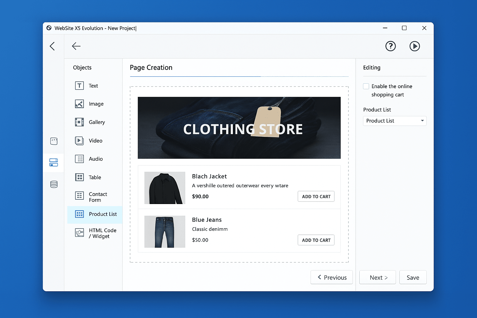 Skjermbilde fra vår test av Website X5 Evolution på Windows 11, der vi bygger en nettbutikk med dra-og-slipp-redigereren og legger til produkter i en nettbutikk.