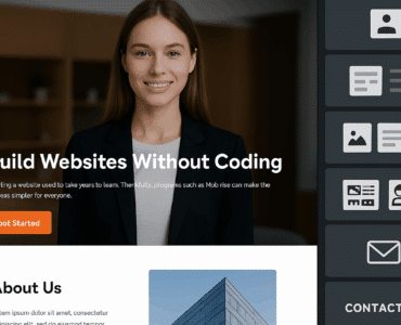Brugerflade fra Mobirise website builder, der viser en visuel editor med blokke til at bygge en hjemmeside uden kodning.