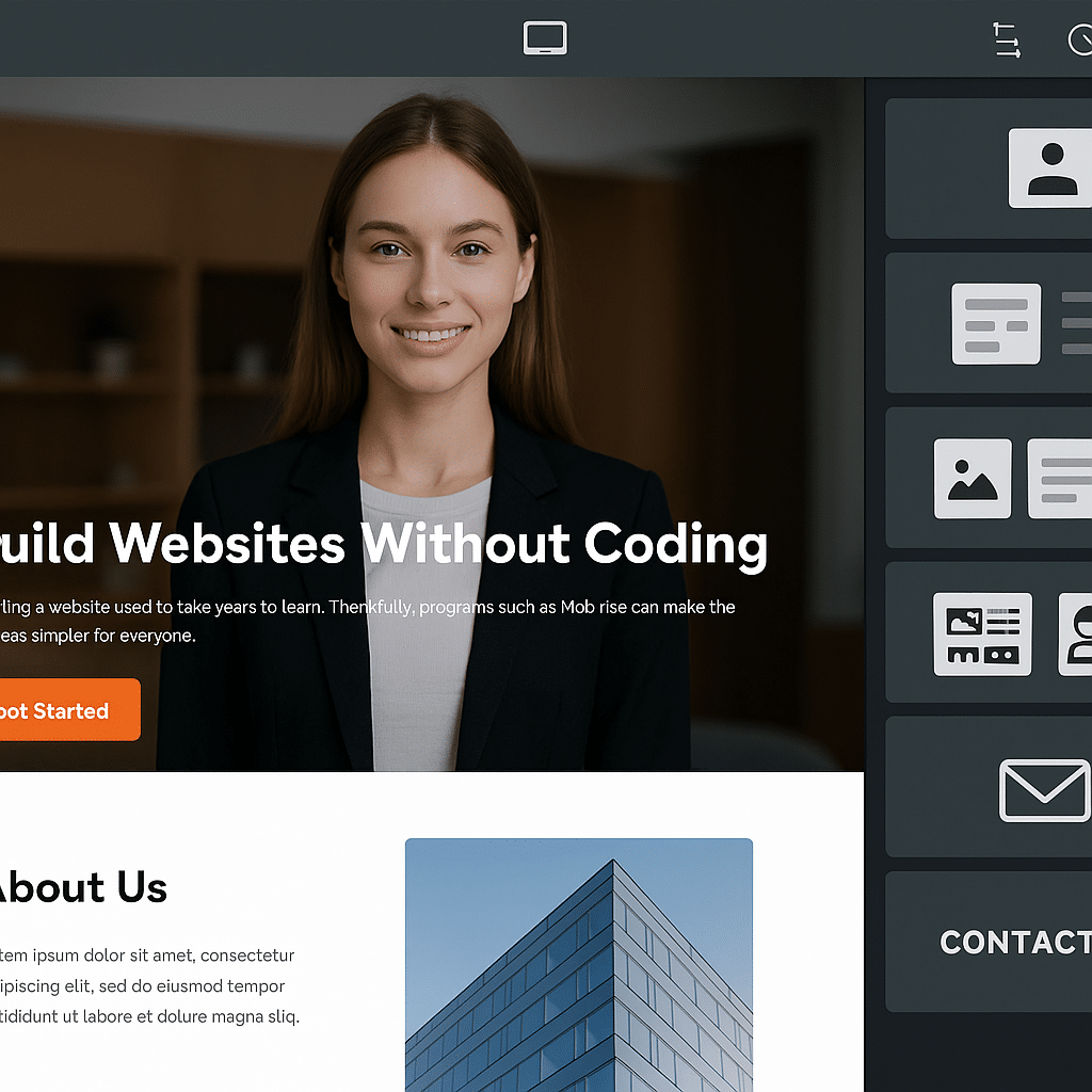 Mobirise-sivunrakentajan käyttöliittymä, jossa näkyy visuaalinen editori ja lohkot kotisivun rakentamiseen ilman koodausta.