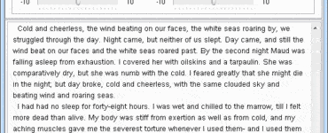 Skærmbillede af Balabolka tekst-til-tale program på Windows med engelsk tekst, stemmeindstillinger for hastighed og pitch samt Microsoft Speech Platform valgt som oplæsningsmotor.