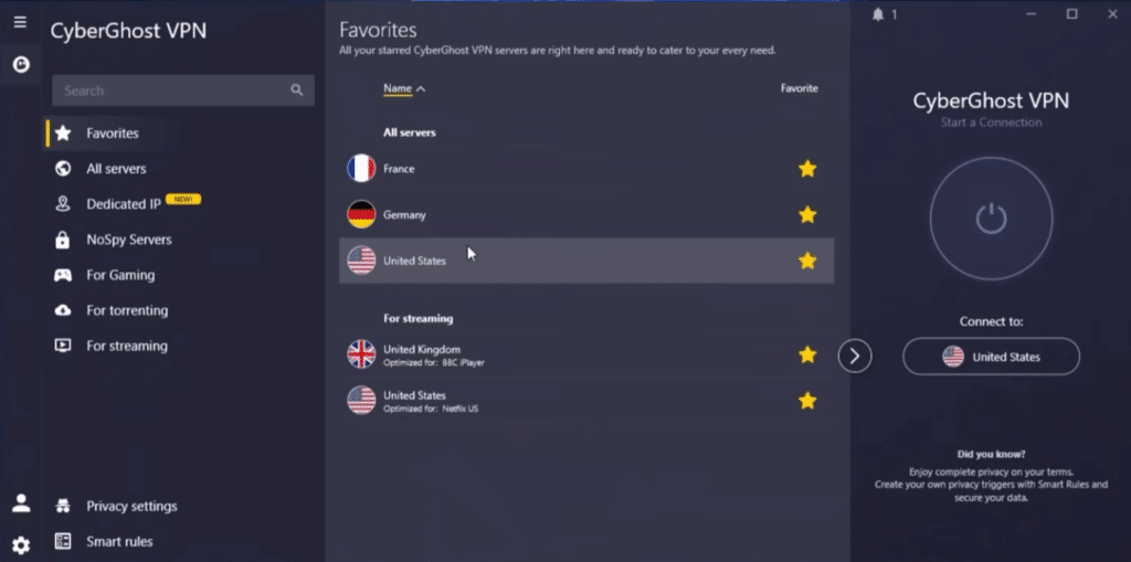 CyberGhost VPN-programmet med favoritservere, streamingservere og hurtig forbindelse til USA.