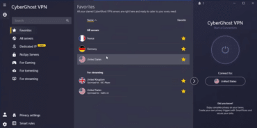 CyberGhost VPN-programmet med favoritservere, streamingservere og hurtig forbindelse til USA.