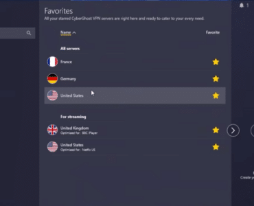 CyberGhost VPN-programmet med favoritservere, streamingservere og hurtig forbindelse til USA.