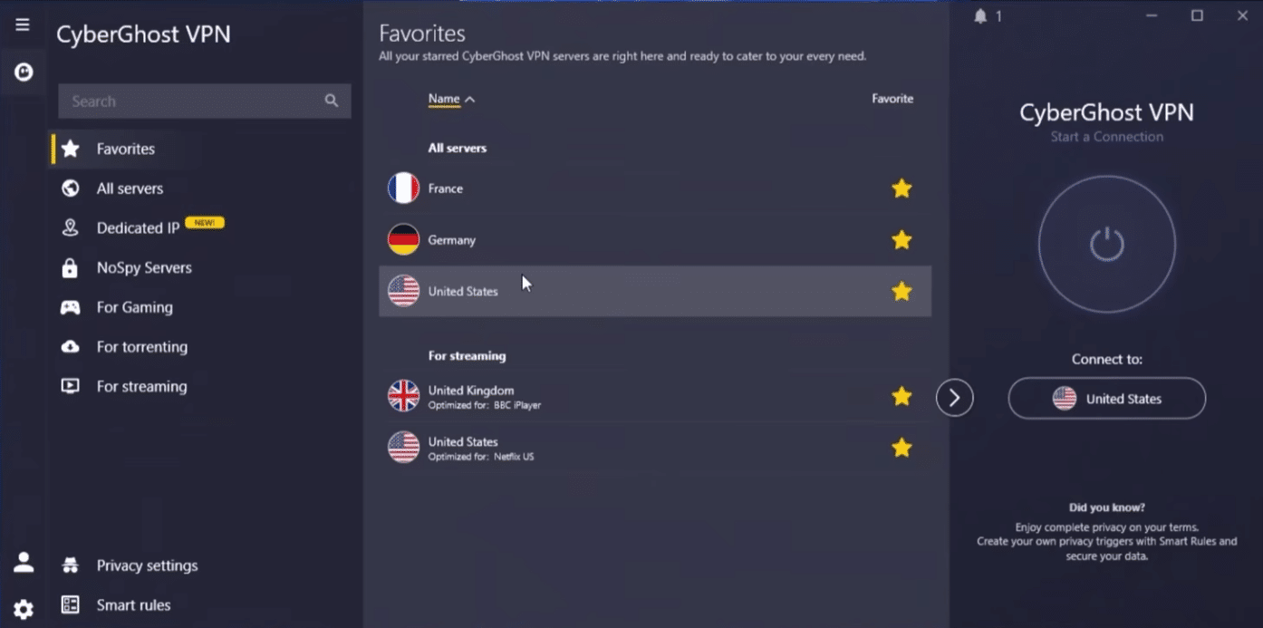 CyberGhost VPN app showing favorite servers, streaming servers, and a quick connection to the USA.