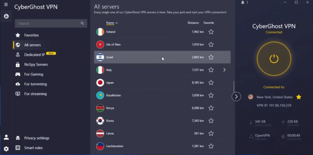 CyberGhost VPN forbundet til en server i New York med serverliste, afstande og favoritmarkeringer.