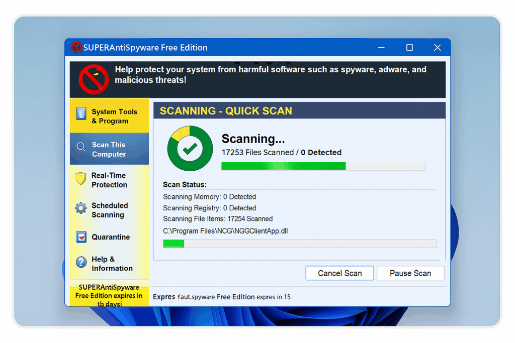 Screenshot fra vores test af SUPERAntiSpyware Free Edition, hvor programmet udfører en hurtig scanning på Windows 11 med statuslinje, scanningsfremskridt og hovedmenu i venstre side.