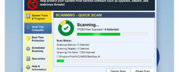 Screenshot fra vores test af SUPERAntiSpyware Free Edition, hvor programmet udfører en hurtig scanning på Windows 11 med statuslinje, scanningsfremskridt og hovedmenu i venstre side.