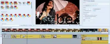 Skærmbillede af AquaSoft SlideShow, hvor tidslinjen, billedeffekter, bevægelsesbaner og lydindstillinger vises i et aktivt projekt med foto, tekst og musik.