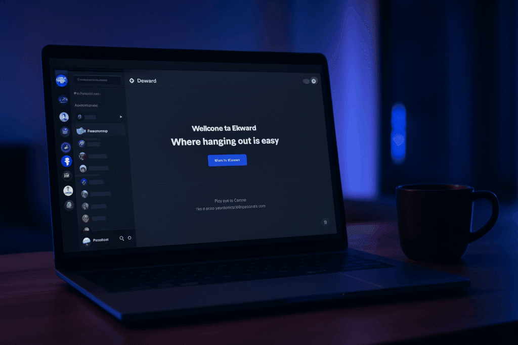 Laptop med åben Discord-app i mørkt rum med blå og lilla belysning, samt kaffekop på skrivebordet