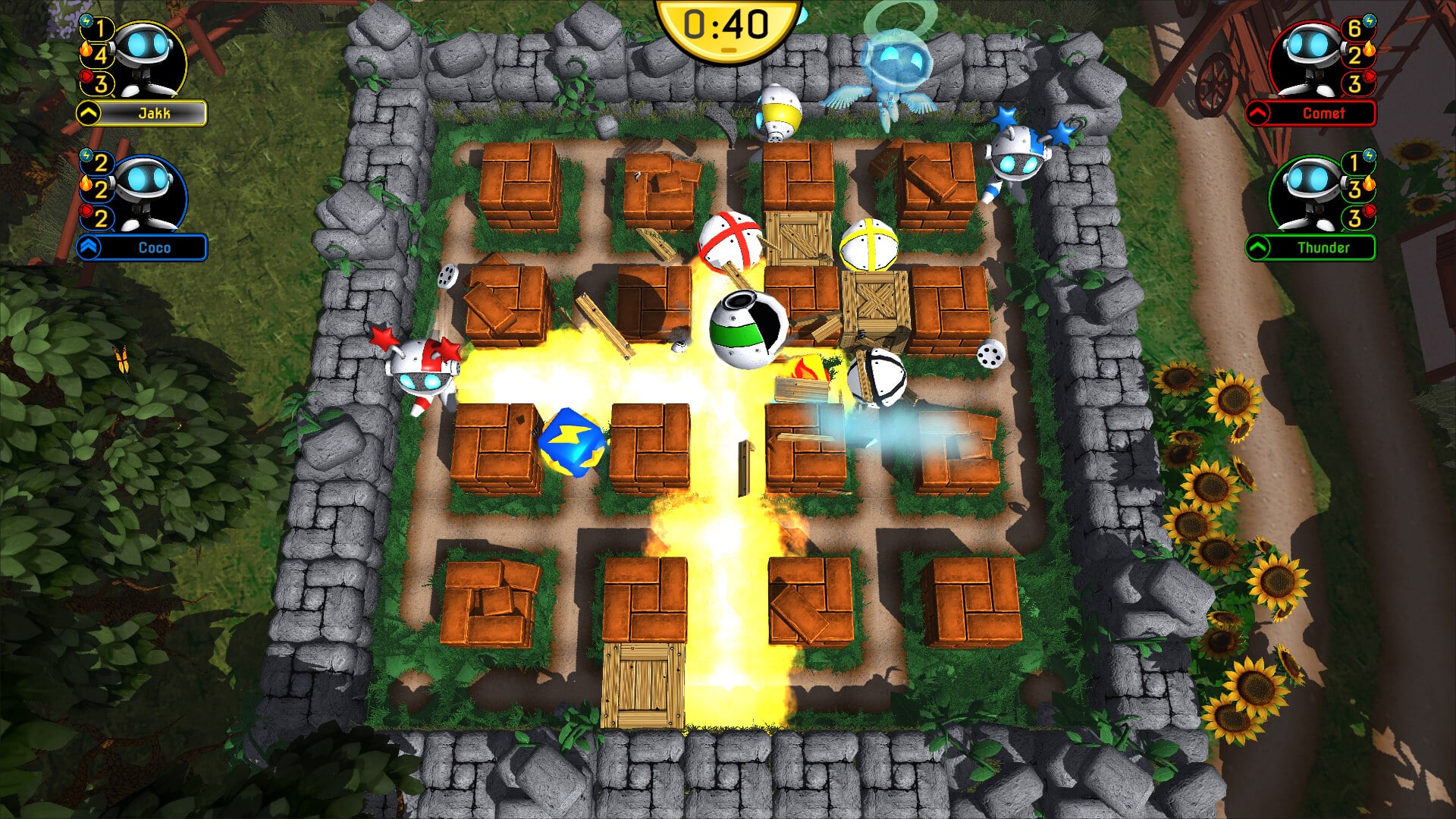 Dynablaster gameplay with bombs, explosions, and power-ups in classic Bomberman style on PC