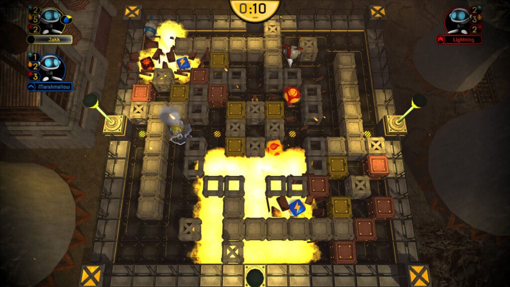 Moderne Dynablaster multiplayer-bane med flere spillere, bomber og power-ups set oppefra.