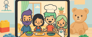 En farverig tablet på et børneværelse viser tegneseriefigurer fra et Toca Boca-spil, omgivet af legoklodser og en bamse på trægulvet med lyse pastelfarver i baggrunden.