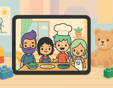 En farverig tablet på et børneværelse viser tegneseriefigurer fra et Toca Boca-spil, omgivet af legoklodser og en bamse på trægulvet med lyse pastelfarver i baggrunden.