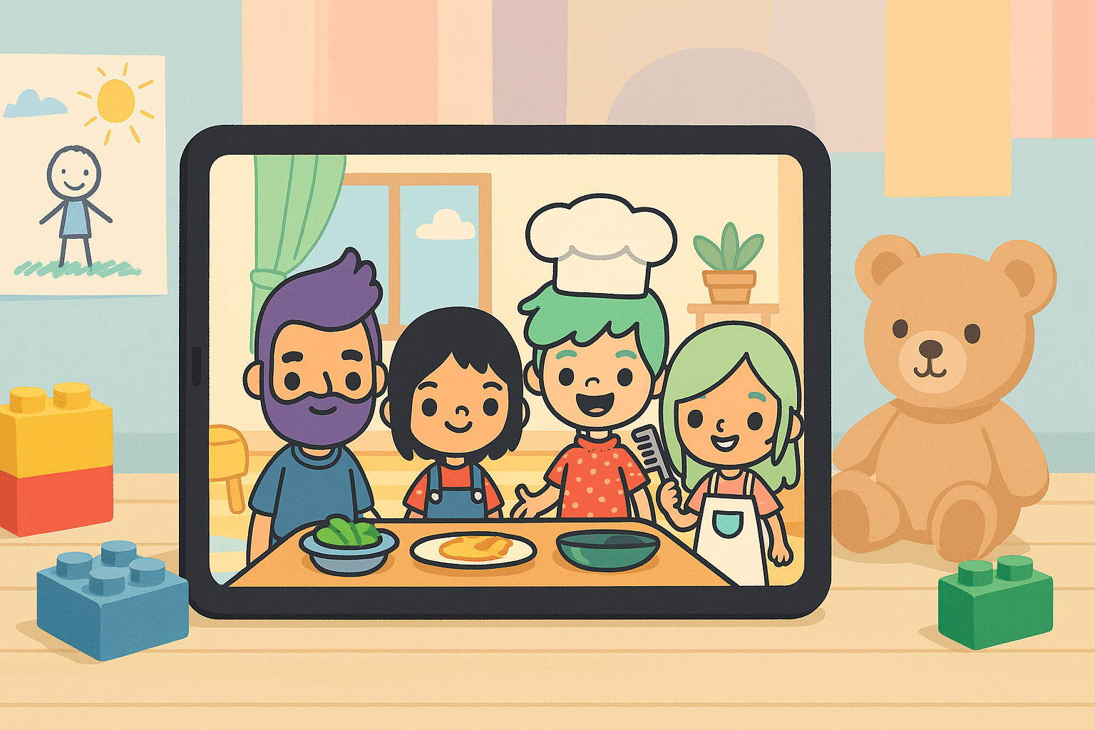 Et fargerikt nettbrett på et barnerom viser tegneseriefigurer fra et Toca Boca-spill, omgitt av legoklosser og en bamse på tregulvet, med lyse pastellfarger i bakgrunnen.