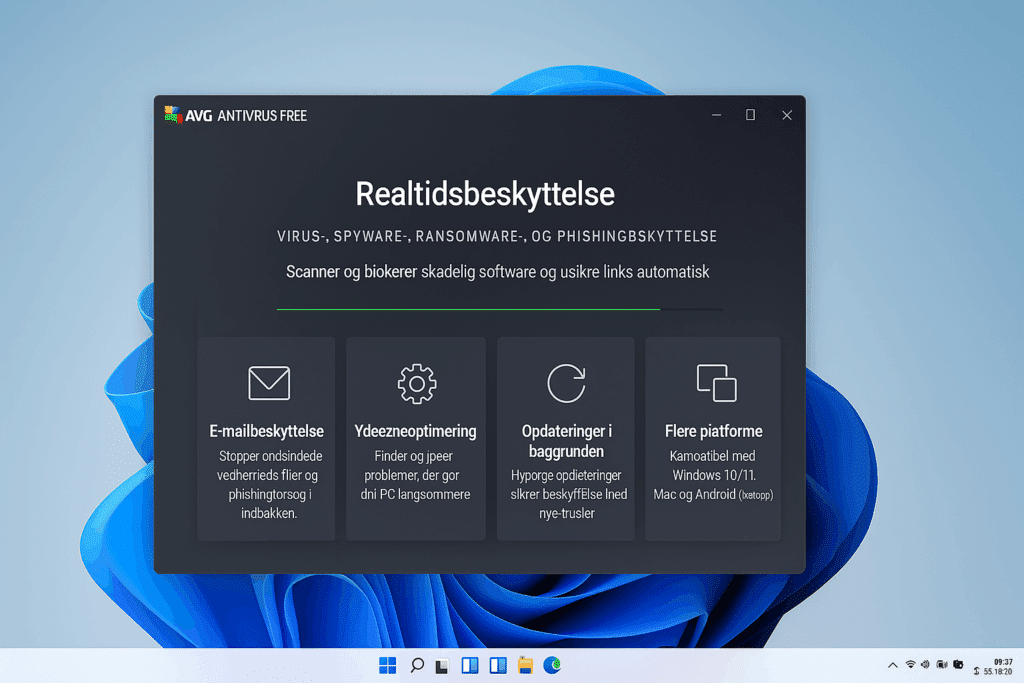 Skjermbilde fra vår test av AVG AntiVirus Free på Windows 11 som viser hovedvinduet med aktiv sanntidsbeskyttelse, grønn statuslinje og ikoner for e-postbeskyttelse, ytelsesoptimalisering, bakgrunnsoppdateringer og flerplattformstøtte. Windows 11-skrivebordet vises i bakgrunnen.