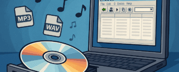 Illustration af CDex-software på en Windows-computer, hvor en CD er ved at blive rippet til digitale formater som MP3 og WAV, omgivet af musiknoter og retro-stil elementer.