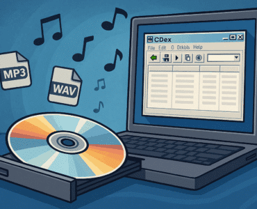 Illustration af CDex-software på en Windows-computer, hvor en CD er ved at blive rippet til digitale formater som MP3 og WAV, omgivet af musiknoter og retro-stil elementer.