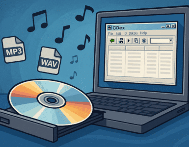Illustration af CDex-software på en Windows-computer, hvor en CD er ved at blive rippet til digitale formater som MP3 og WAV, omgivet af musiknoter og retro-stil elementer.