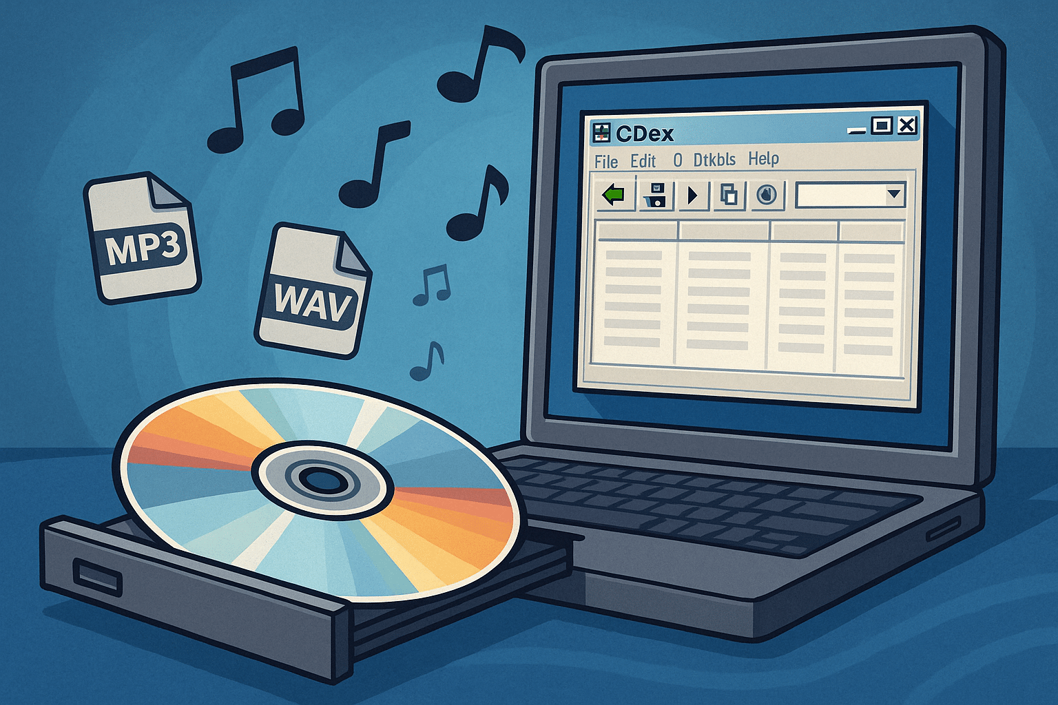 Illustration av CDex-programvaran på en Windows-dator där en CD håller på att rippas till digitala format som MP3 och WAV, omgiven av musiknoter och retroinspirerade element.