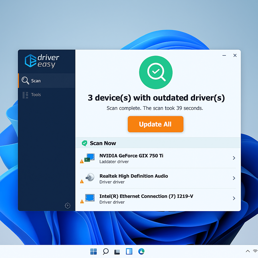 Skärmdump från vårt test av Driver Easy på Windows 11, där programmet visar tre föråldrade drivrutiner och möjligheten att uppdatera dem alla automatiskt med ett klick.