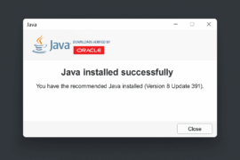 Oracle Java installationsvindue på en Windows 11-computer, hvor beskeden 'Java installed successfully' vises efter en vellykket installation under vores test.