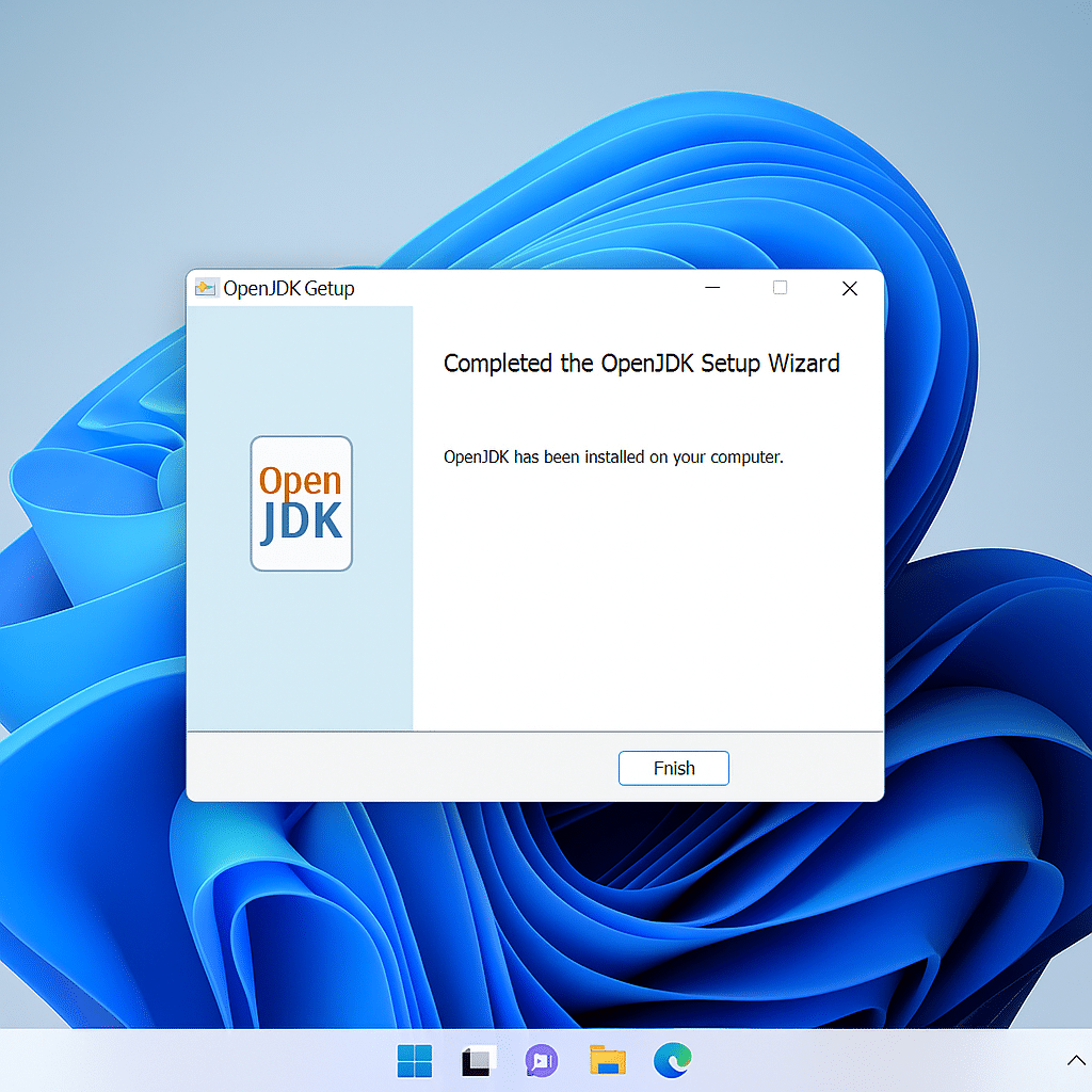 OpenJDK installationsfönster på en Windows 11-dator, där meddelandet 'Completed the OpenJDK Setup Wizard' visas efter en lyckad installation under vårt test.
