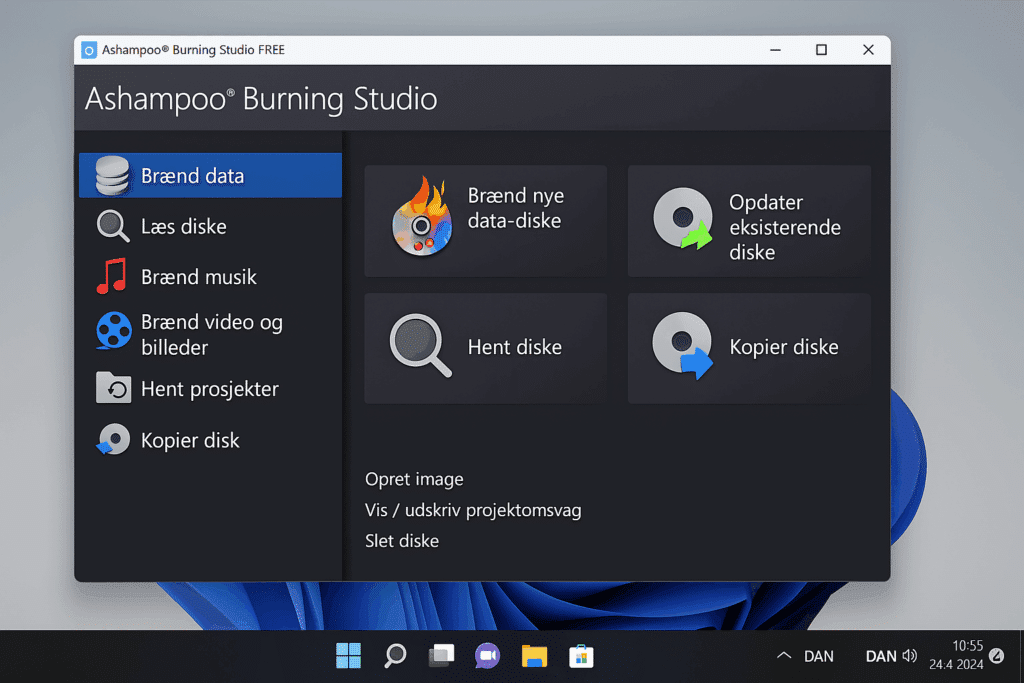 Ashampoo Burning Studio Free åbent på en Windows 11-PC, hvor hovedmenuen viser valgmuligheder som Brænd data, Læs diske, Brænd musik og Kopier disk. Programvinduet har et mørkt tema med farverige ikoner og en tydelig dansk brugerflade.