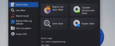 Ashampoo Burning Studio Free åbent på en Windows 11-PC, hvor hovedmenuen viser valgmuligheder som Brænd data, Læs diske, Brænd musik og Kopier disk. Programvinduet har et mørkt tema med farverige ikoner og en tydelig dansk brugerflade.