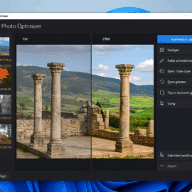 Ashampoo Photo Optimizer åbent på Windows 11 – programmet viser et før- og efterbillede af et naturfoto med forbedret lys, kontrast og farver. Dansk brugerflade med menupunkter som “Fjern røde øjne” og “Automatisk optimering”