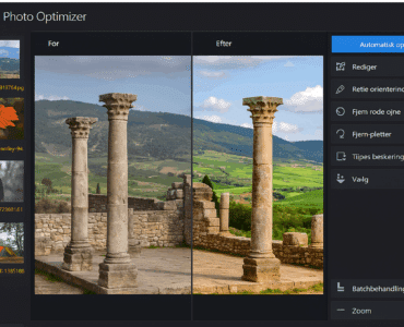 Ashampoo Photo Optimizer åbent på Windows 11 – programmet viser et før- og efterbillede af et naturfoto med forbedret lys, kontrast og farver. Dansk brugerflade med menupunkter som “Fjern røde øjne” og “Automatisk optimering”