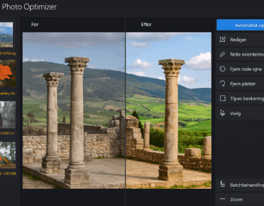 Ashampoo Photo Optimizer åbent på Windows 11 – programmet viser et før- og efterbillede af et naturfoto med forbedret lys, kontrast og farver. Dansk brugerflade med menupunkter som “Fjern røde øjne” og “Automatisk optimering”