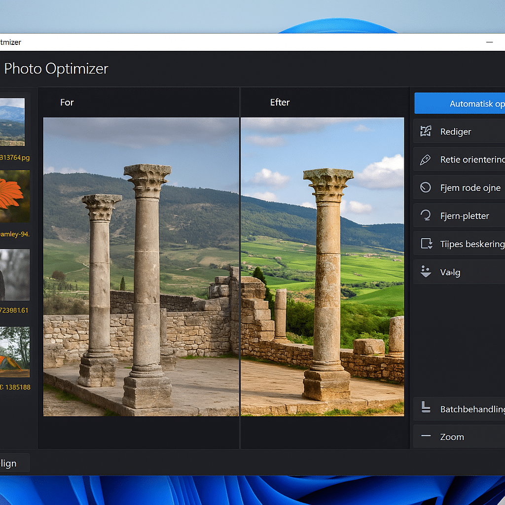 Ashampoo Photo Optimizer åbent på Windows 11 – programmet viser et før- og efterbillede af et naturfoto med forbedret lys, kontrast og farver. Dansk brugerflade med menupunkter som “Fjern røde øjne” og “Automatisk optimering”