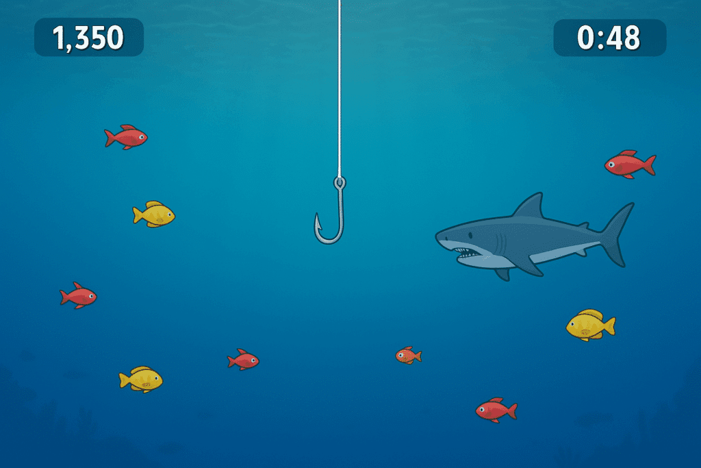 Crazy Fishing: Blå havbunn med fargerike røde og gule fisk, en hai på høyre side og en fiskekrok som henger ned fra toppen. Øverst vises brukergrensesnittet med poeng og tidtaker.