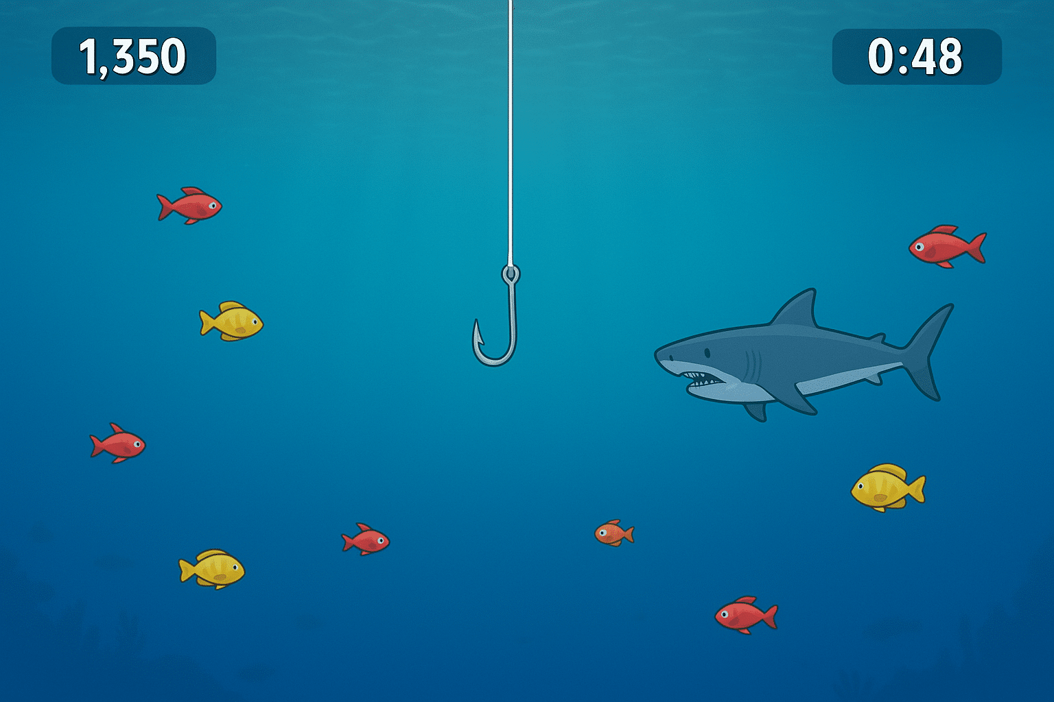 Crazy Fishing: Blå havbunn med fargerike røde og gule fisk, en hai på høyre side og en fiskekrok som henger ned fra toppen. Øverst vises brukergrensesnittet med poeng og tidteller.