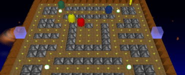 PacMan Adventures 3D på Windows med 3D-labyrint, prikker, styrkepiller og farvede spøgelser i et space-tema.