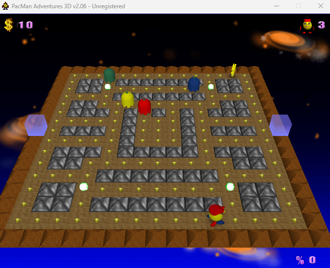 PacMan Adventures 3D auf Windows mit 3D-Labyrinth, Punkten, Power-Pillen und farbigen Geistern in einem Space-Thema.