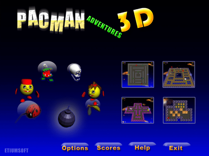 Startmeny i PacMan Adventures 3D med PacMan-logo, figurer og forhåndsvisninger av 3D-labyrinter i Windows.