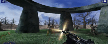 Topbillede fra vores test af Deadhunt demo, hvor spilleren skyder mod en horde af zombier i en åben arena med store stenformationer og HUD øverst på skærmen