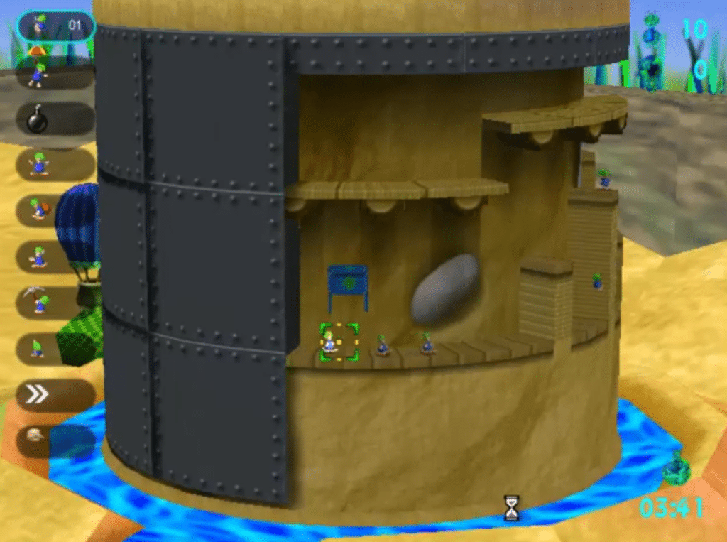 Screenshot fra Lemmings Revolution med en rund/cylindrisk bane, hvor flere lemminger bevæger sig rundt på platforme og du vælger handlinger i venstremenuen.