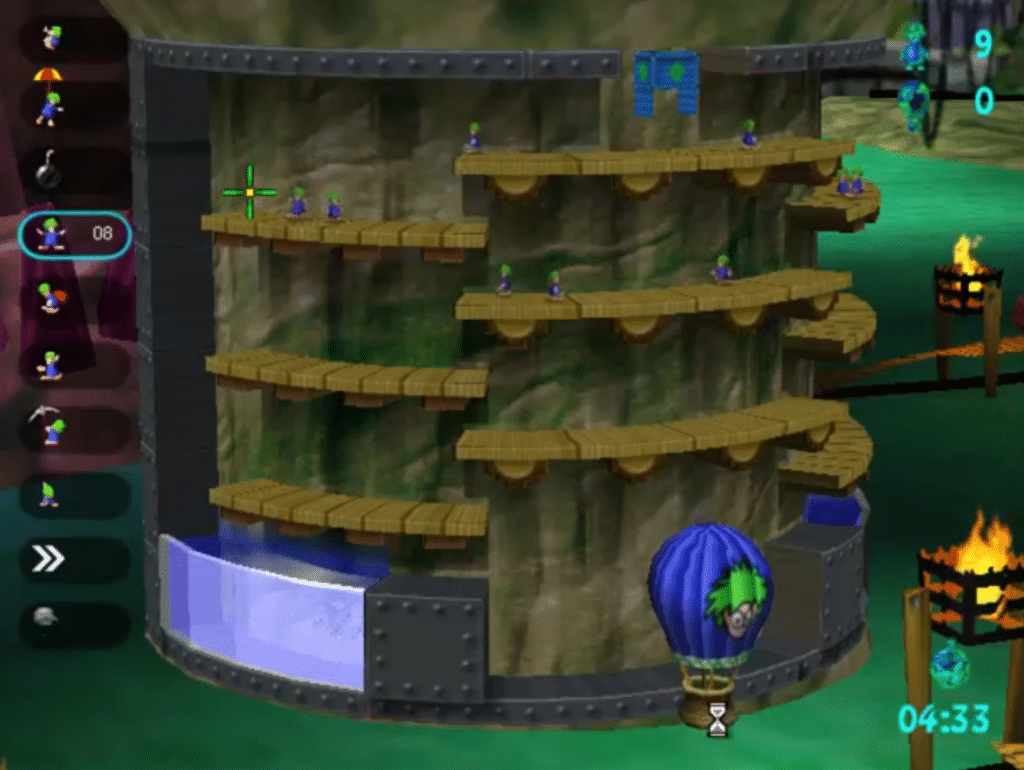 Screenshot fra Lemmings Revolution med flere træplatforme i et rundt level, hvor lemmingerne fordeler sig i etager, mens du vælger roller i menuen til venstre.