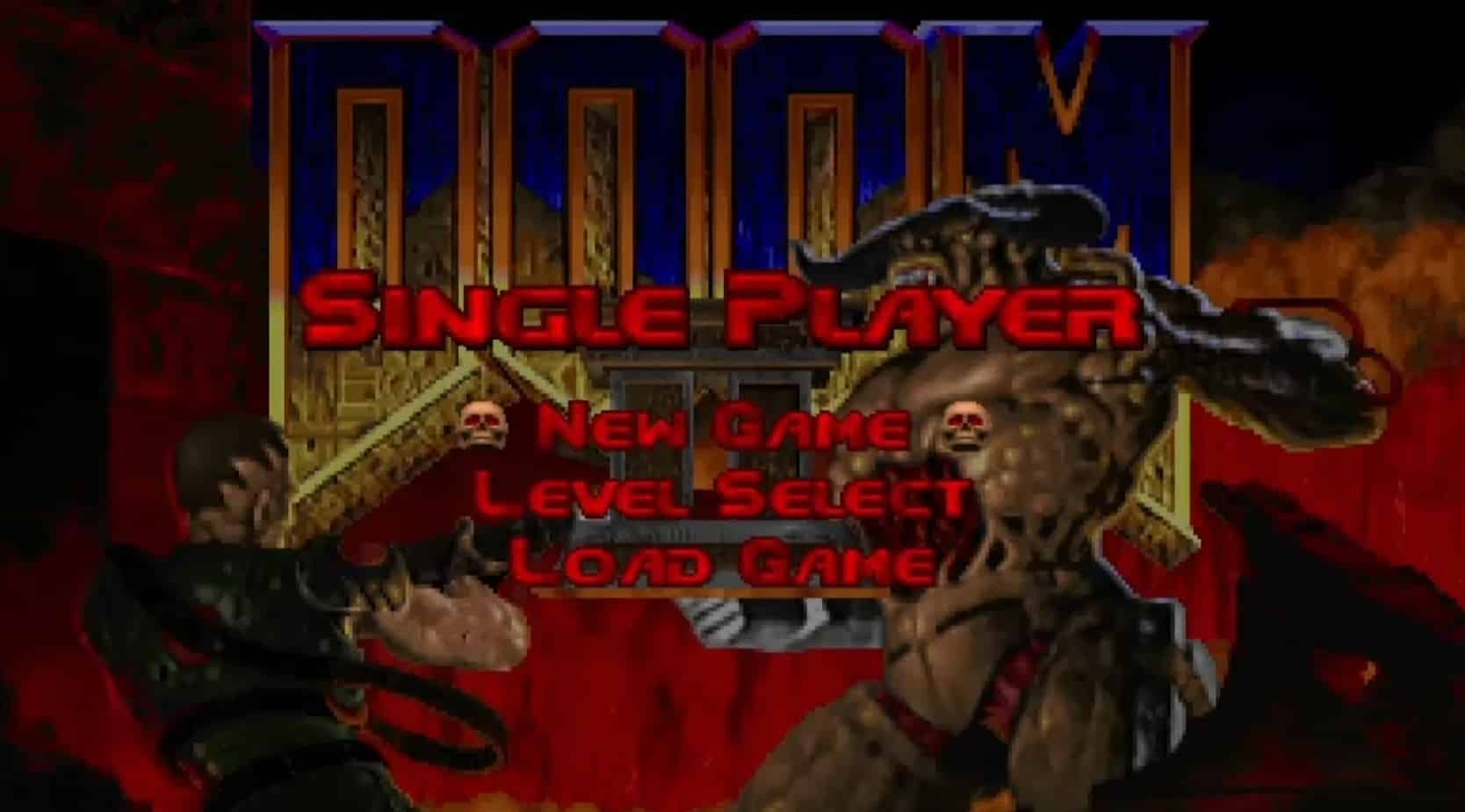Doom II -yksinpelin aloitusnäyttö klassisella retrografiikalla ja demoneilla