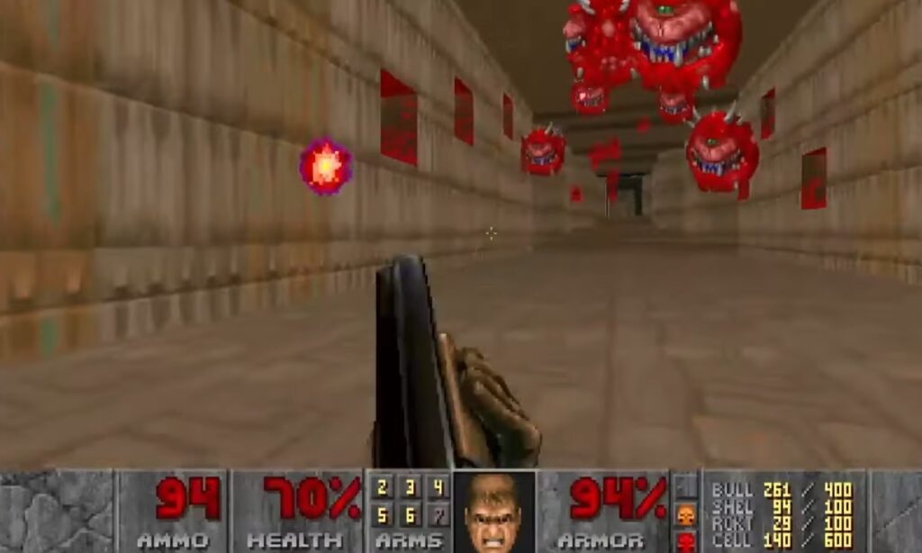 Doom II gameplay med dobbeltløbet haglgevær rettet mod svævende Cacodemon dæmoner i en retro 3D korridor