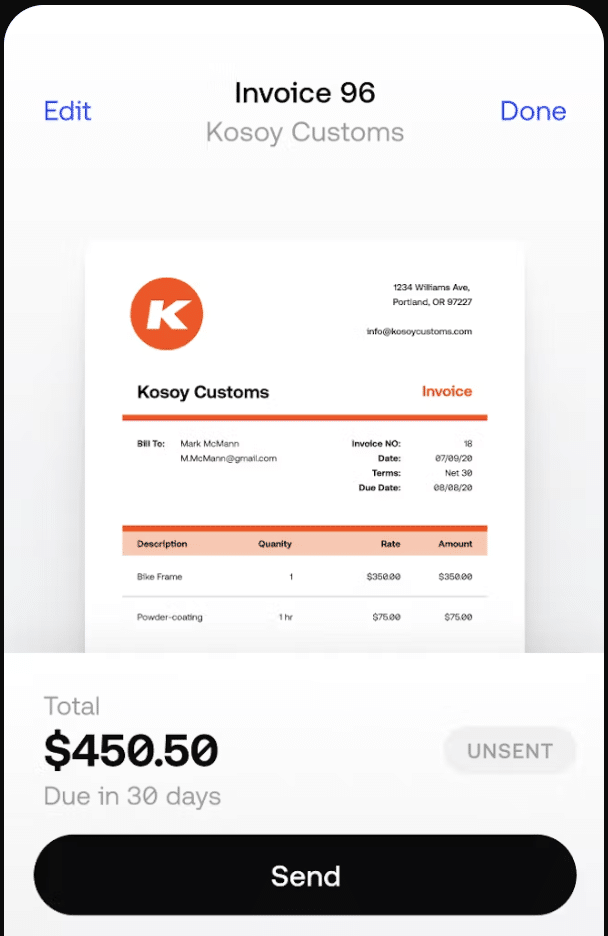 Faktura skapad på iPhone med Invoice2go.