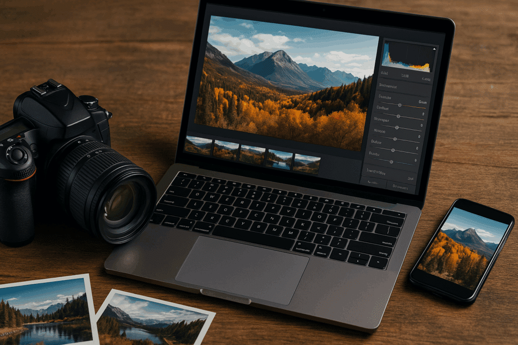 DSLR-kamera, bærbar computer med fotoredigeringssoftware, smartphone og udskrevne landskabsbilleder på et træbord – illustrerer Lightroom i brug på tværs af enheder.