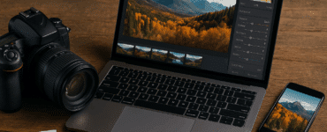 DSLR-kamera, bærbar computer med fotoredigeringssoftware, smartphone og udskrevne landskabsbilleder på et træbord – illustrerer Lightroom i brug på tværs af enheder.