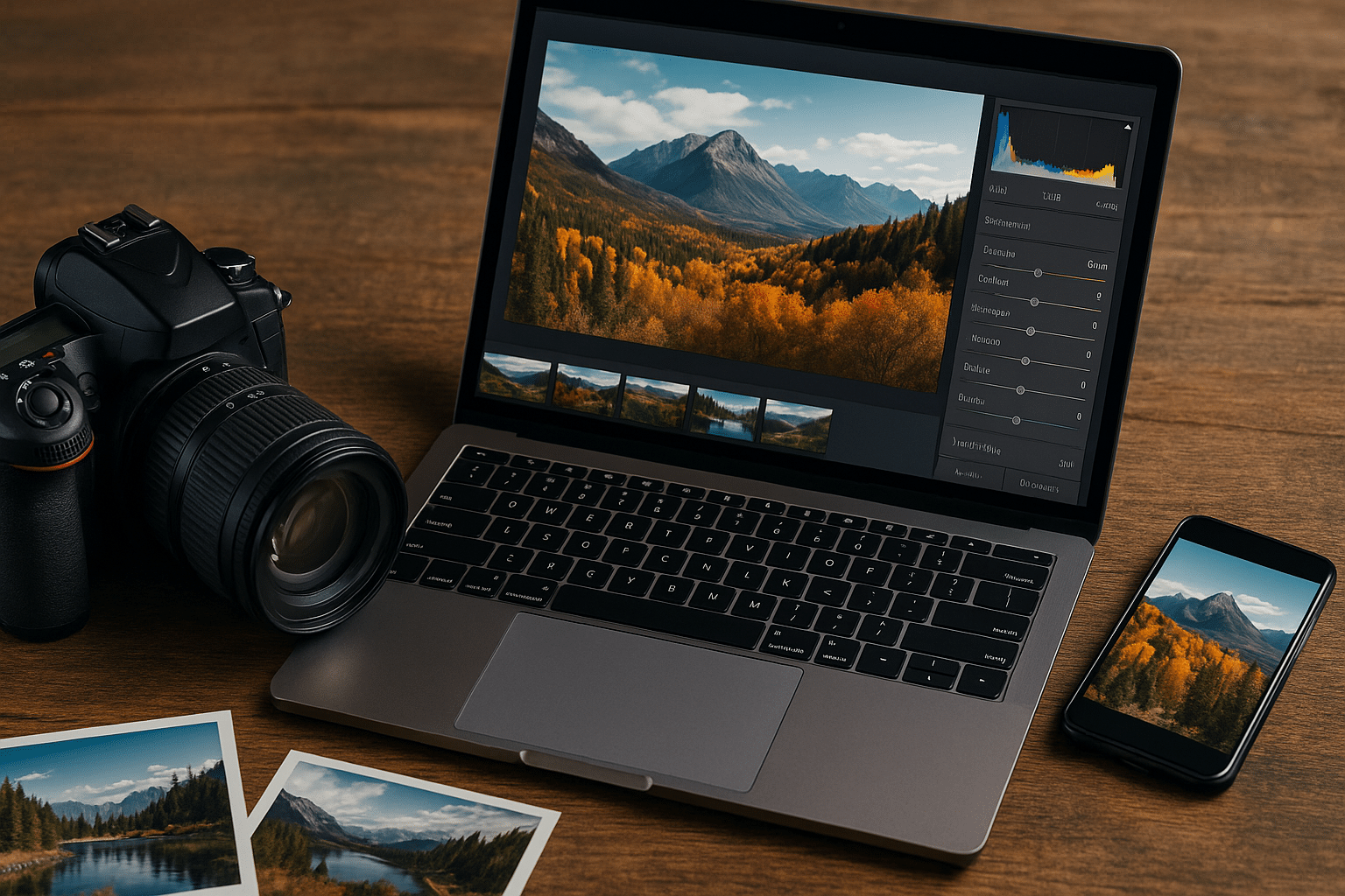DSLR-kamera, bärbar dator med fotoredigeringsprogram, smartphone och utskrivna landskapsbilder på ett träbord – illustrerar Lightroom i bruk på flera enheter.