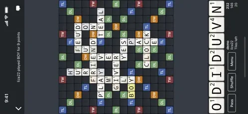 Screenshot from our test of the WordFeud app, showing an active game board with words like PLAYED, FRIEND, and CLOCK placed strategically on bonus tiles to maximize points.