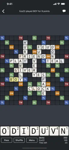 Screenshot of the WordFeud app showing an active match with the board, bonus tiles, and letter tiles on a smartphone.