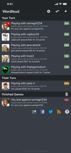 Overview screen in the WordFeud app showing active games, opponents, and turn status on a smartphone.